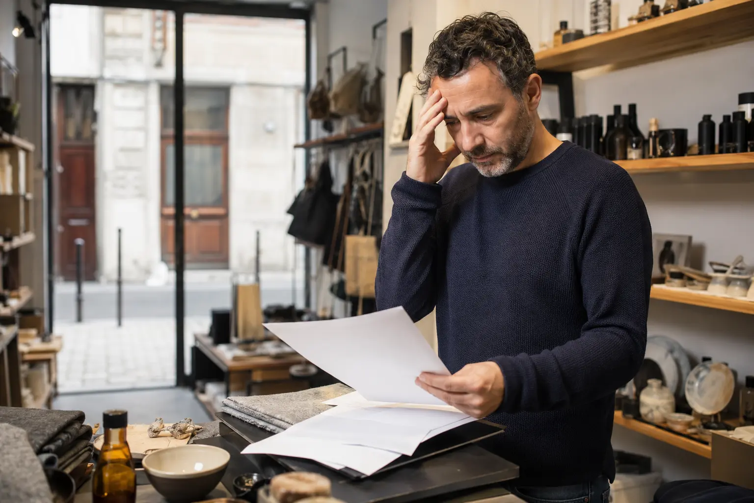 Commerçant confronté à une période de difficultés professionnelles